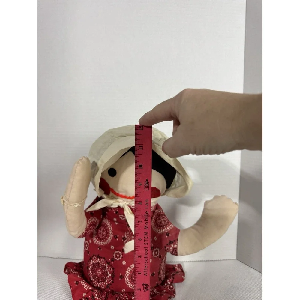 Vintage Avon Stuffed‎ Rag Doll Red Dress Black Hair with Bonnet